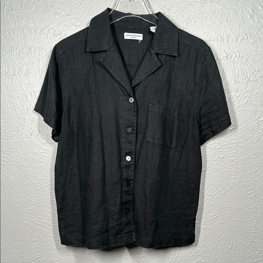 Valerie Stevens Casual 100% Linen Classic Black Short Sleeve Shirt Size Large